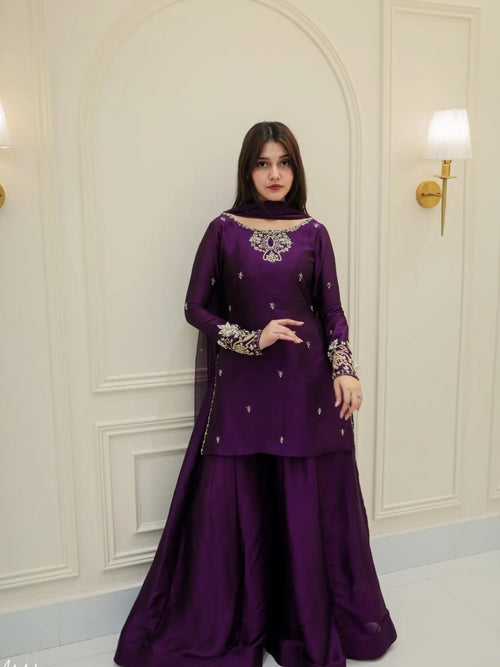 Royal Plum Sheesha Silk Handcrafted 3-Piece Suit